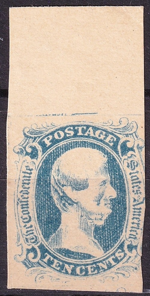 1861 Confederate States 10c Blue Jefferson Davis Imperforate: A classic and historically significant Confederate States of America issue, the 10 cents blue Jefferson Davis stamp of 1861, presented here in imperforate format as issued. Printed by typography durin