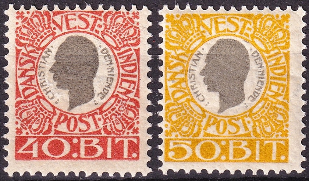 1902 Danish West Indies Scott 40 41 King Christian IX 40b 50b Mint: A classic and attractive pair from the Danish West Indies definitive series depicting King Christian IX, issued in 1902 and catalogued as Scott 40 and 41. This lot includes the 40 bit red and the 50 b