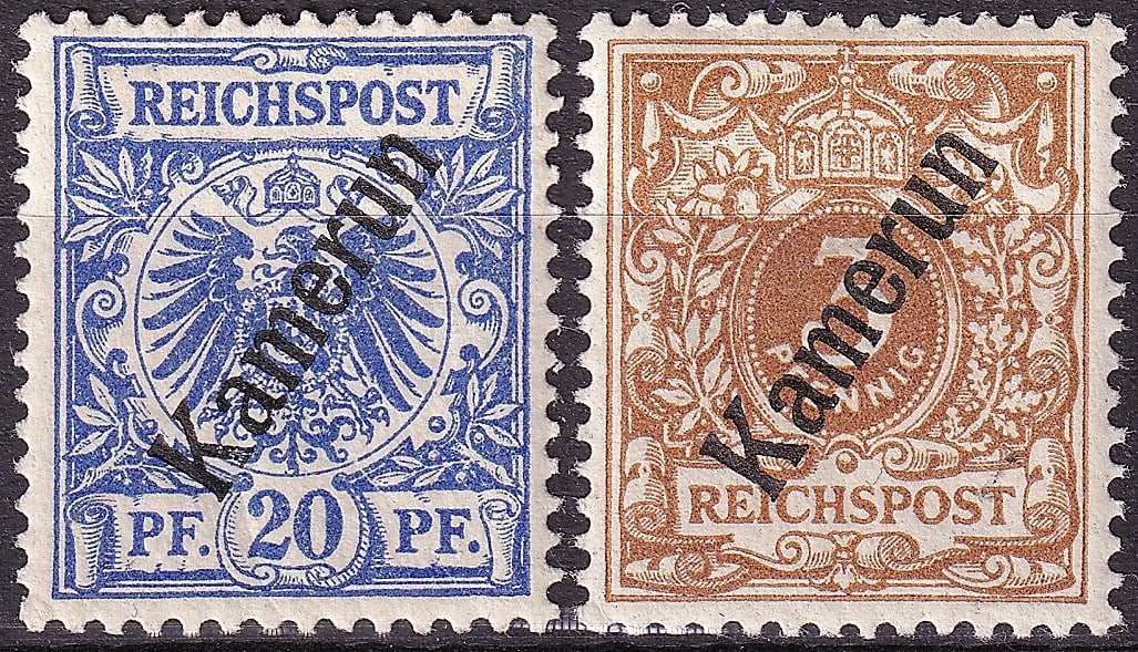 1899 Kamerun Scott 7 9 Germania Yacht Overprint Pair MNH: A classic pair from the German colonial issues of Kamerun, featuring the 1899 overprints on German Reichspost definitive designs, catalogued as Scott 7 and Scott 9. These stamps represent the early