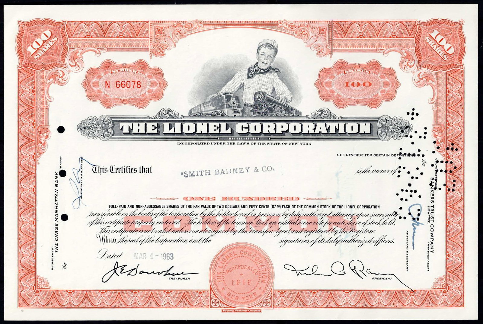 1963 USA Lionel Corporation Stock Certificate 100 Shares Serial N66078: This original stock certificate issued by The Lionel Corporation represents 100 fully paid and non-assessable common shares with a par value of $2.50 each, registered to Smith Barney & Co. and dated M
