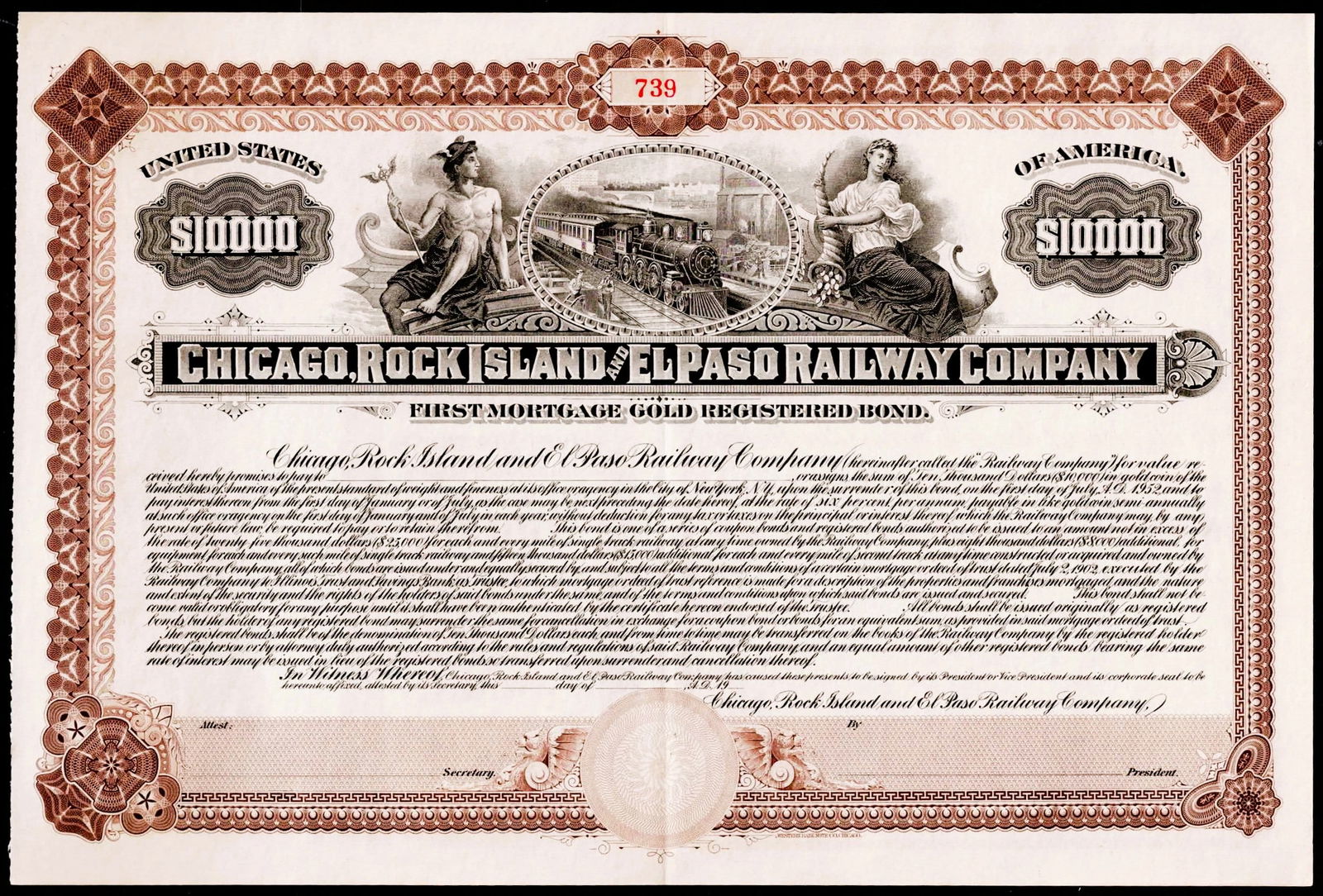 1952 USA Chicago Rock Island and El Paso Railway $10000 Gold Bond No 739: This original First Mortgage Gold Registered Bond issued in 1952 by the Chicago Rock Island and El Paso Railway Company represents a denomination of $10,000 with a fixed annual interest rate of 6 perc