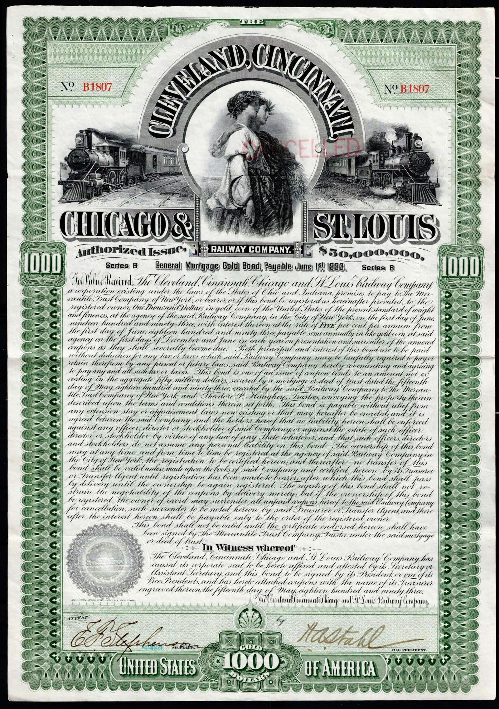 1893 USA Cleveland Cincinnati Chicago St Louis Railway $1000 Bond B1807 (1 of 3)