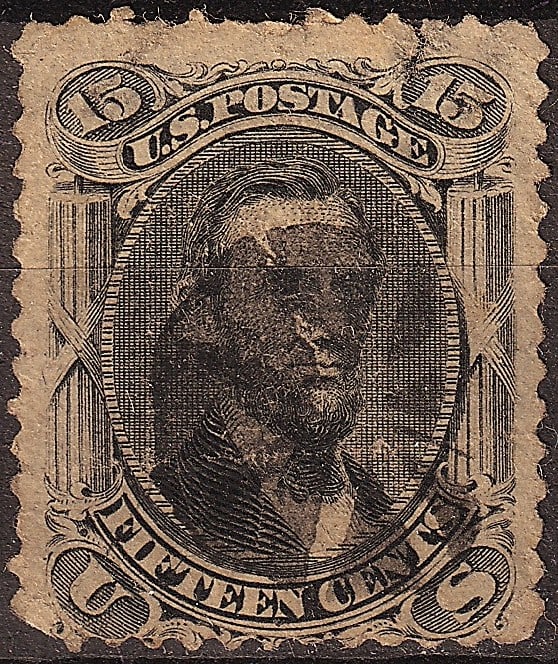 1868 USA Scott 91 15c Lincoln National Bank Note E Grill: United States 1868 15-cent black from the National Bank Note Company grilled issue, catalogued as Scott 91, printed by engraved process on hard white wove paper without watermark and line perforated 1