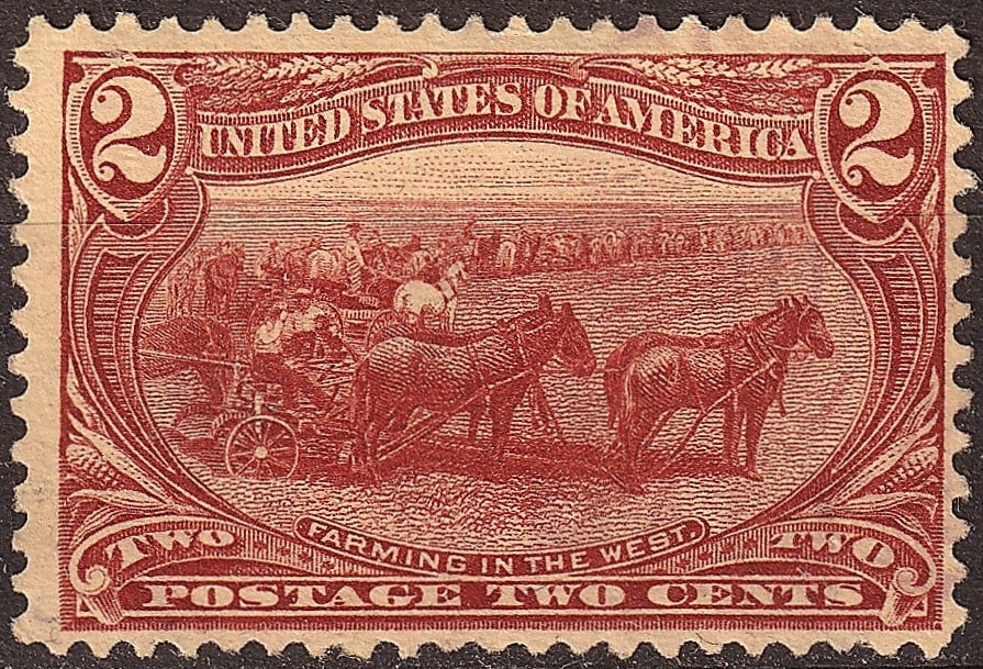 1898 USA Scott 286 2c Trans Mississippi Farming in the West: United States 1898 2-cent Trans-Mississippi Exposition issue, catalogued as Scott 286, printed in copper red by the Bureau of Engraving and Printing using the engraved method on watermarked USPS doubl