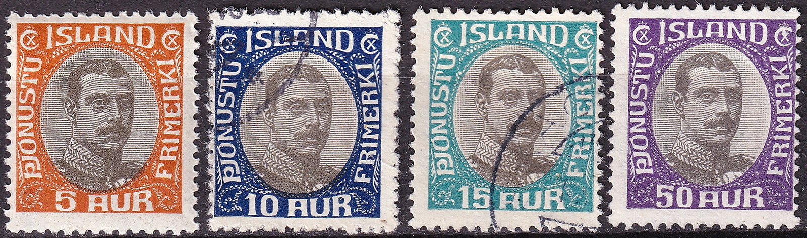 1907–1920 Iceland Christian X Numeral Issue 5aur 10aur 15aur 50aur mix: This attractive four-value group from Iceland represents the early issues of the Danish administration period featuring King Christian X, issued during the transitional years leading up to Iceland’s