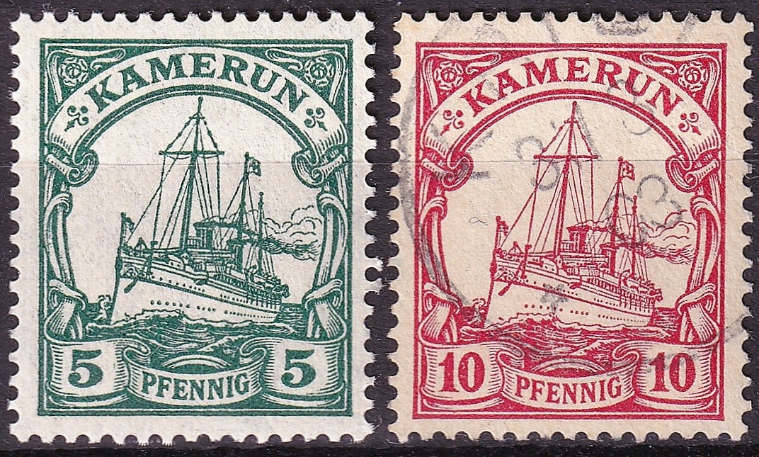 1897 Kamerun Scott 1 2 Yacht Issue 5pf 10pf MNH pair: This classic mint never hinged pair from Kamerun, a German colonial territory in West Africa, represents the iconic “Yacht” definitive issue introduced in 1897 and later used across Germany’