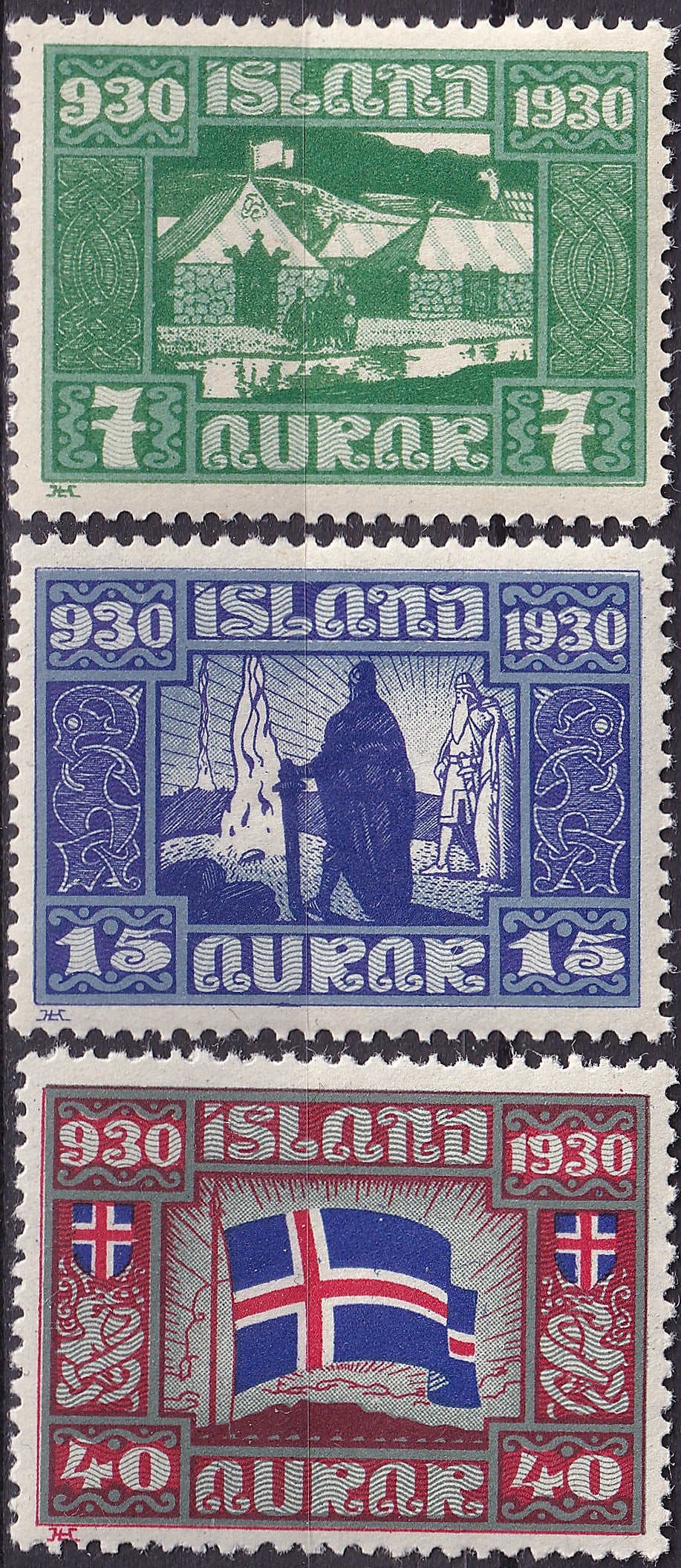 1930 Iceland Althing Scott 154 155 156 MNH Parliament Millenary: This complete mint never hinged commemorative set from Iceland was issued in 1930 to celebrate the 1000th anniversary of the Alþingi, one of the world’s oldest parliamentary institutions, founded i