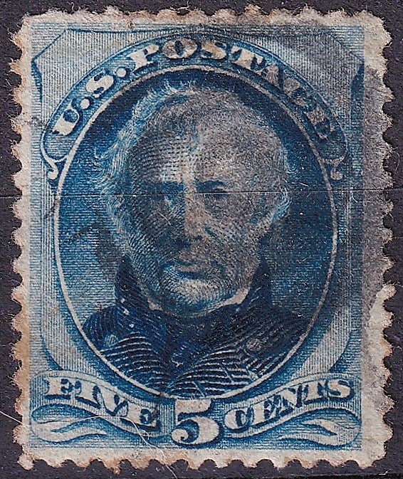 1879 USA Scott 185 5c Zachary Taylor Blue Banknote Issue: A classic United States Bank Note issue from 1879, this 5 cent stamp featuring President Zachary Taylor is catalogued as Scott 185 and printed by the American Bank Note Company. The design presents a