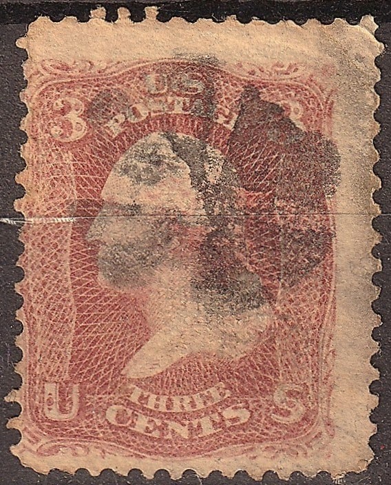 1868 USA Scott 85C 3c Washington Z Grill Rose Used: Issued in 1868 by the United States and printed by the National Bank Note Company, this 3-cent rose stamp depicting George Washington is catalogued as Scott 85C and belongs to the scarce grilled issue