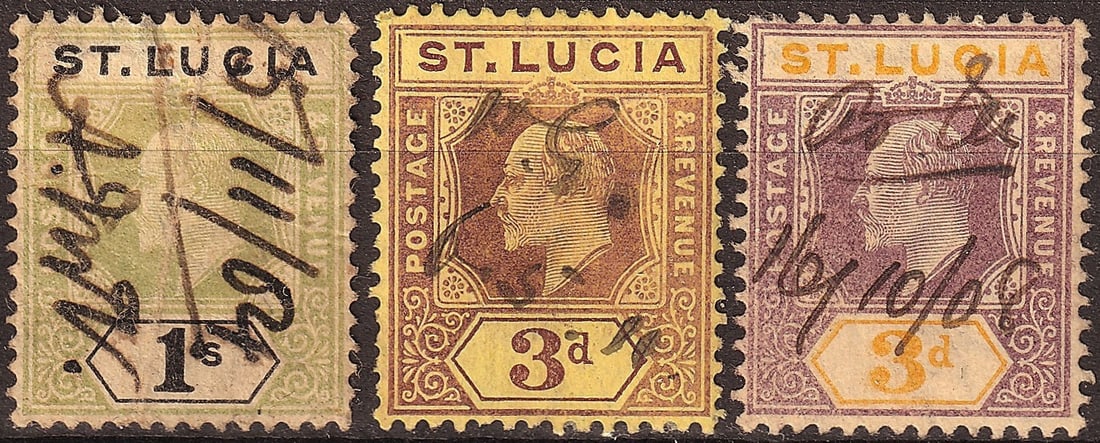 1902–1909 St Lucia Edward VII Collection Scott 47 55 60 Used Fine: Issued between 1902 and 1909 for the British colony of St Lucia, this attractive group of three King Edward VII definitives represents a classic colonial series produced by De La Rue & Co. Ltd. The lo