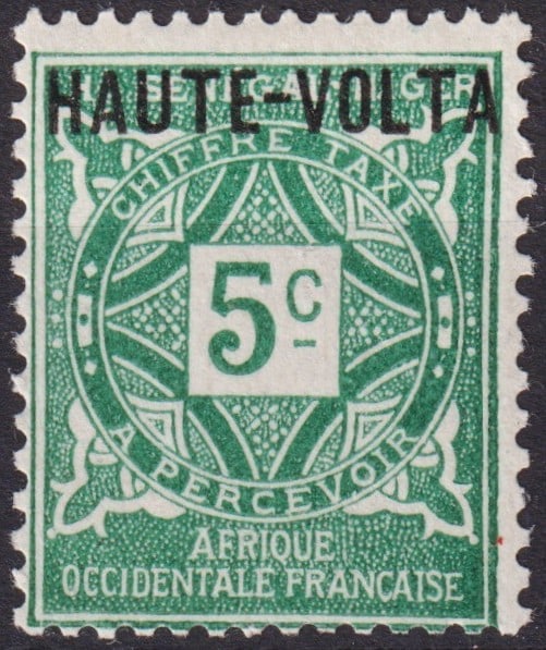 French 1920 Upper Volta Postage Due 5c Green Overprint "HAUTE-VOLTA", Scott J1 (1 of 2)