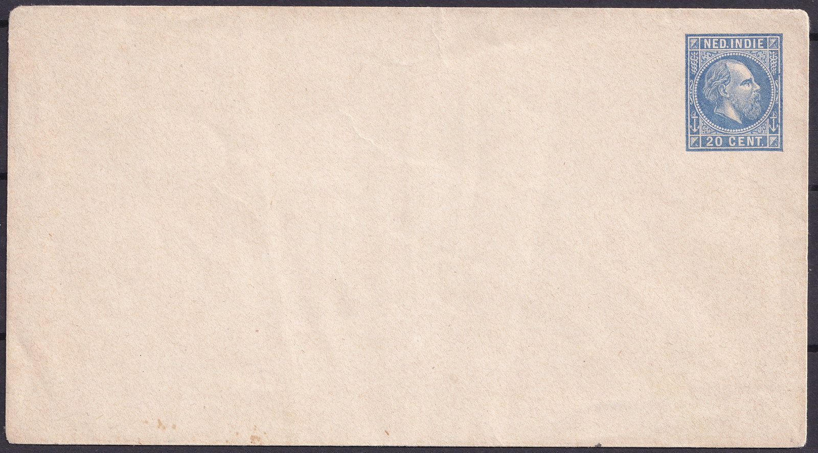 Netherlands East Indies 20 Cent Postal Stationery Envelope Unused ca 1870s: An original unused pre-paid postal stationery envelope issued for use in the Netherlands East Indies during the late 19th century, bearing an imprinted 20 Cent indicium in blue at upper right inscribe