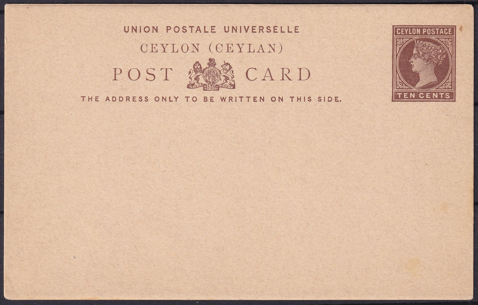 British colonial Ceylon 10 Cents UPU Queen Victoria Postal Card Mint Unused: This original postal stationery card was issued by Ceylon during the reign of Queen Victoria and bears the inscription “Union Postale Universelle Ceylon Ceylan,” indicating its validity for in