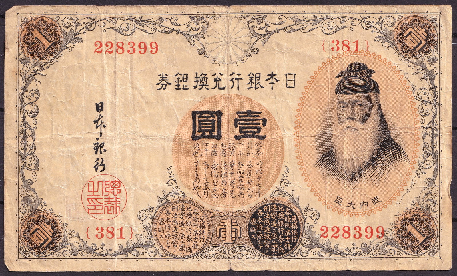 Japan Nippon Ginko 1 Yen Meiji Era Government Note 381: Japanese government-issued banknote of one Yen from the Meiji period, issued by Nippon Ginko during the late nineteenth century as part of Japan’s transition from feudal monetary practices to a mode