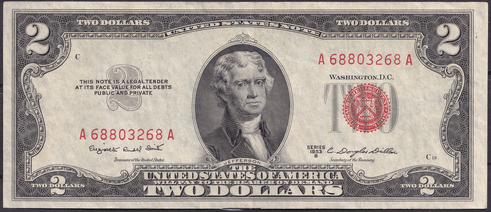 United States $2 Legal Tender Note 1953 Series A68803268A: Issued by the United States in 1953, this $2 Legal Tender Note features the portrait of Thomas Jefferson, the third President of the United States and principal author of the Declaration of Independen