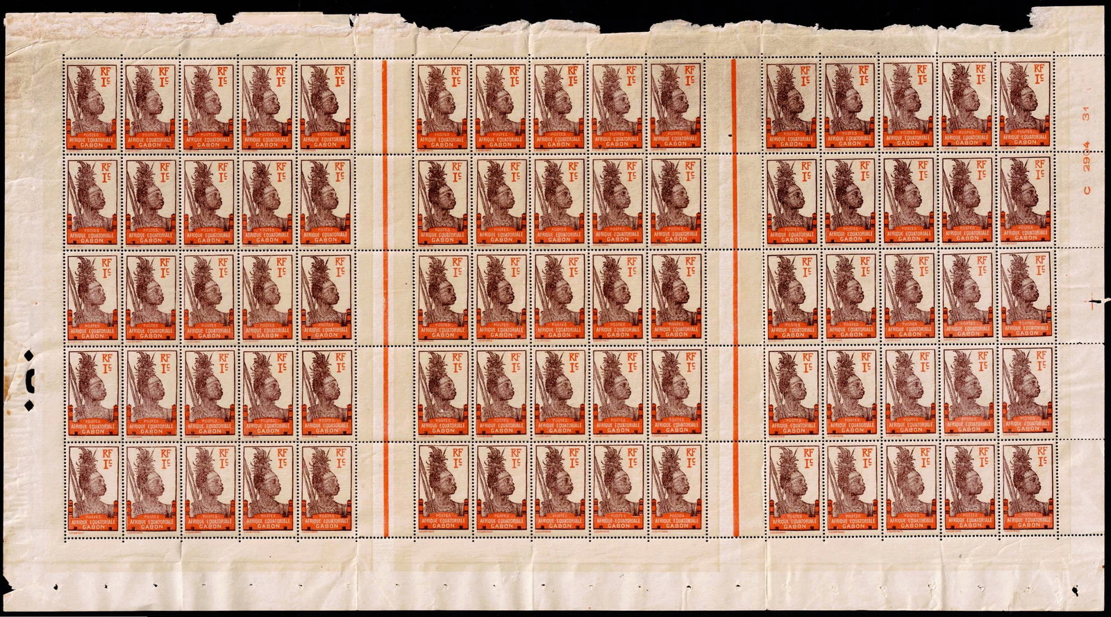 French Gabon 1924 Overprint Scott GA85 1c Afrique Equatoriale MNH Sheet (1 of 3)