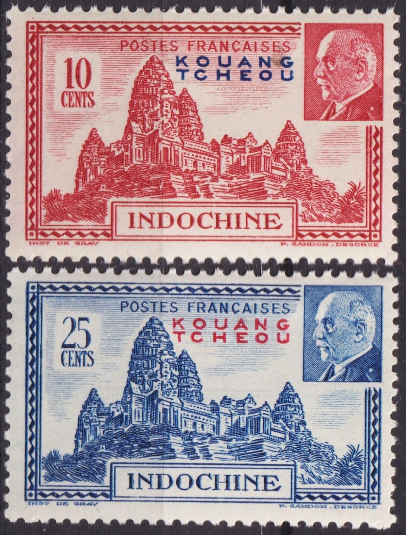 French Kouang-Tcheou 1941 Marshal Pétain Issue Scott #135-136: This scarce pair from the French Post Office in Kouang-Tcheou was issued in 1941 during the colonial administration of French Indochina, overprinted for use in the leased territory of Kouang-Tcheou. T
