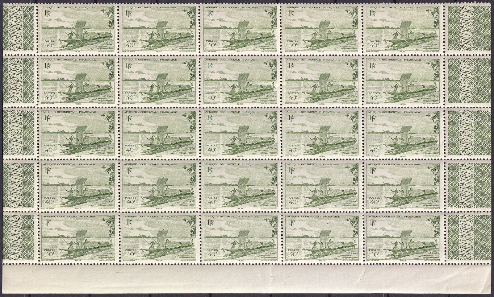 French West Africa 1947 Scott 38 40c Niger Canoe Full Sheet MNH (1 of 2)