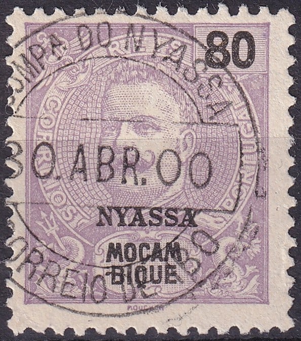 Portuguese colonial 1898 Nyassa SG 22 80R King Carlos I Overprint: 1898 Nyassa 80 Reis definitive Stanley Gibbons 22 featuring the portrait of King Carlos I of Portugal, overprinted NYASSA for use in the Nyassa Company territory in Portuguese East Africa. Designed by