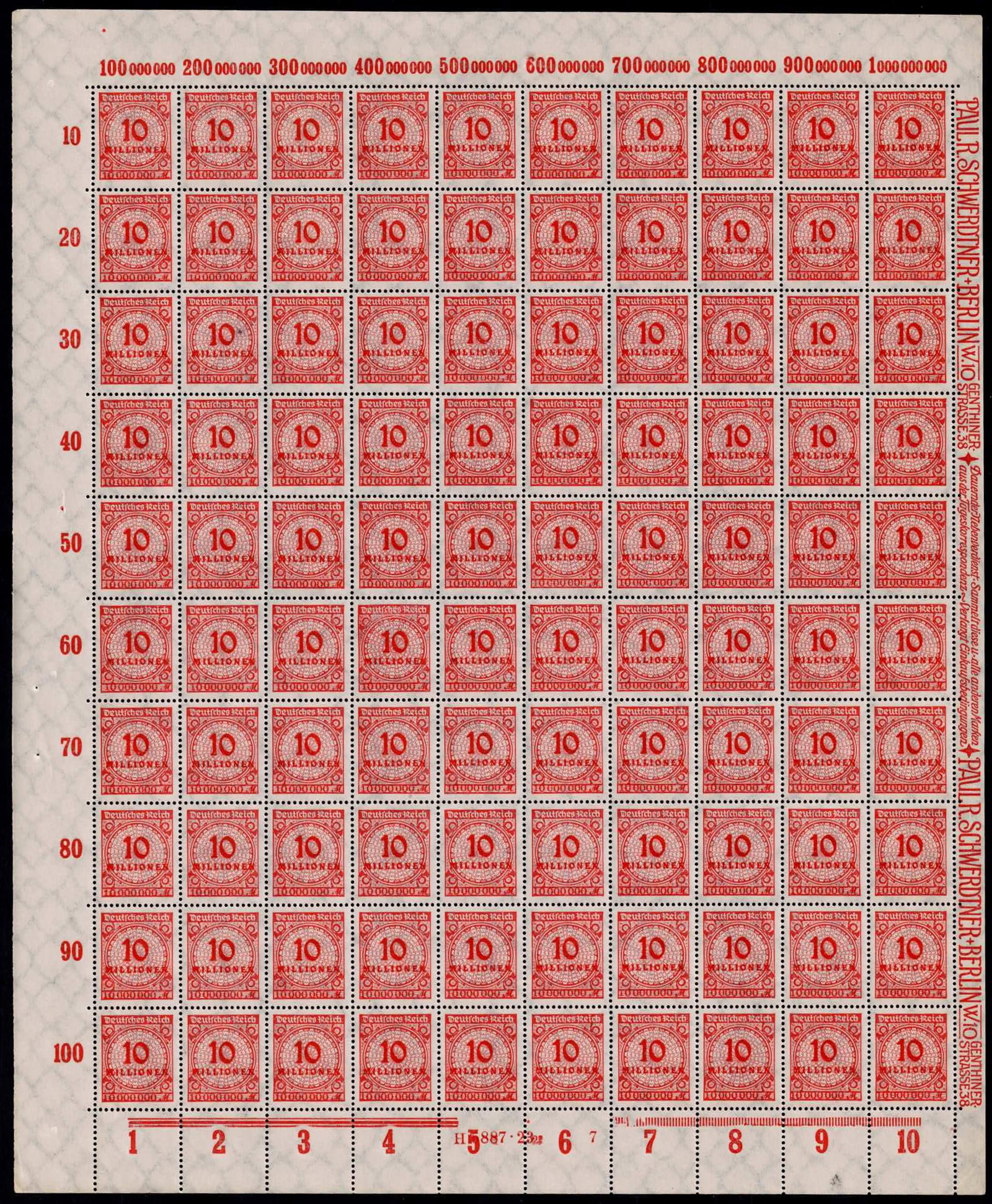 Post War 1923 German Reich Inflation 10 Million Mark Scott DE 301 Michel DR 318BP: This complete mint never hinged full sheet of the 10 Million Mark value was issued on 26 October 1923 during the decisive final phase of German hyperinflation. Catalogued as Michel DR 318BP Scott DE 3