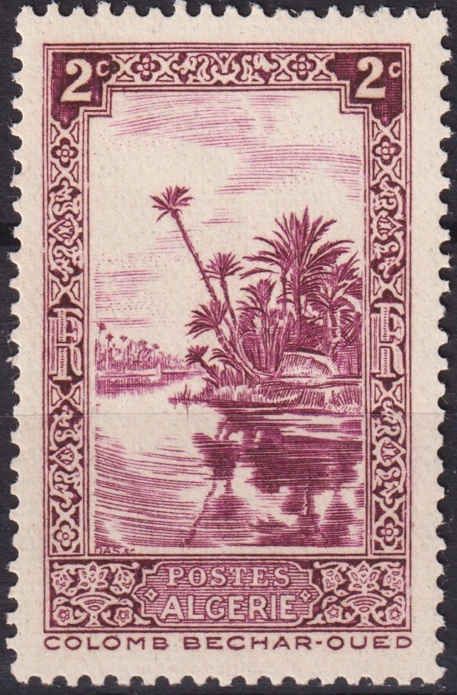 Algeria 1936 Scott DZ80 2c Violet Colomb Bechar-Oued Landscape: Issued in 1936 during the French colonial administration of Algeria, this engraved 2 centimes stamp from the celebrated "Landscapes and Buildings" series (Scott DZ80, Michel DZ104, Yvert 102, SG 108)