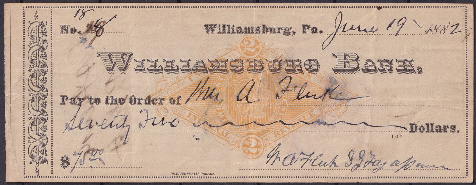 United States 1882 Williamsburg Bank, Blair County Check RN-G1 Orange Revenue Imprint (1 of 3)