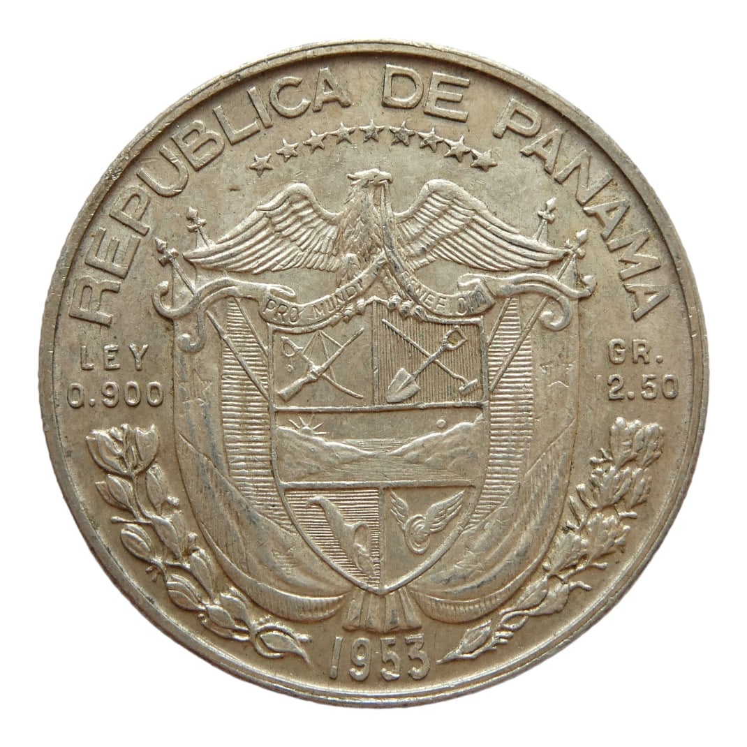 1953 Panama Medio Balboa Silver Coin, 50th Anniversary Issue: This is a 1953 commemorative silver half Balboa coin issued by the Republic of Panama to mark the 50th anniversary of the nation?s independence (Cinquentenario). Struck in .900 fine silver with a copp