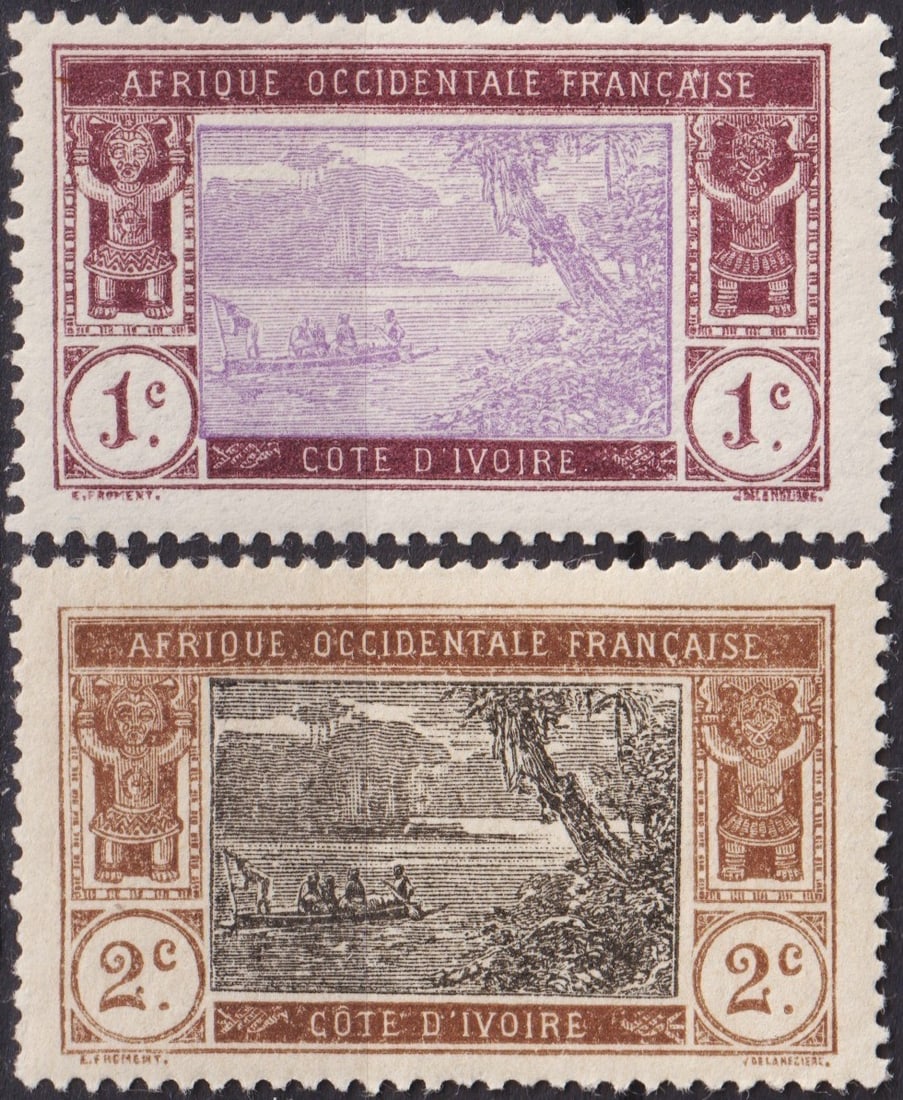 Ivory Coast 1913 Ebrié Lagoon Definitives Scott #42-43 Mint: Issued in 1913 under French colonial administration, this pair of Ivory Coast definitives from the "Ebrié Lagoon" series captures both the cultural and geographic identity of West Africa. Designed by
