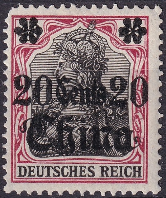 1908 China German Offices 20 Cents Overprint on Germania Scott #51: This scarce issue from the German Post Offices in China was released in 1908 and features the iconic “Germania” design, overprinted with the new denomination of 20 Cents for use in the Chinese