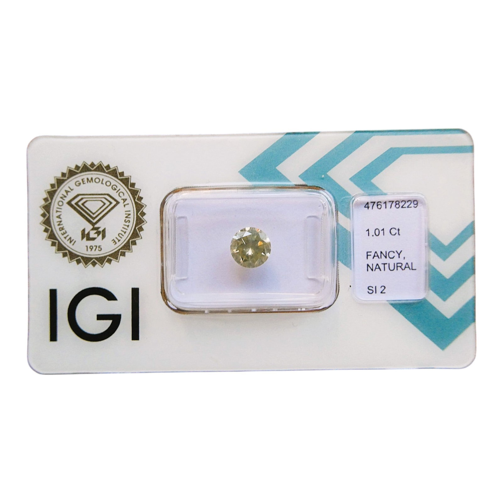 Natural Fancy Diamond 1.01 ct, IGI Certified, Light Yellowish Brown: Offered here is a certified natural diamond weighing 1.01 carats, accompanied by an IGI Diamond Report (#476178229) issued on May 24, 2021. This elegant gemstone is graded SI2 for clarity and showcase