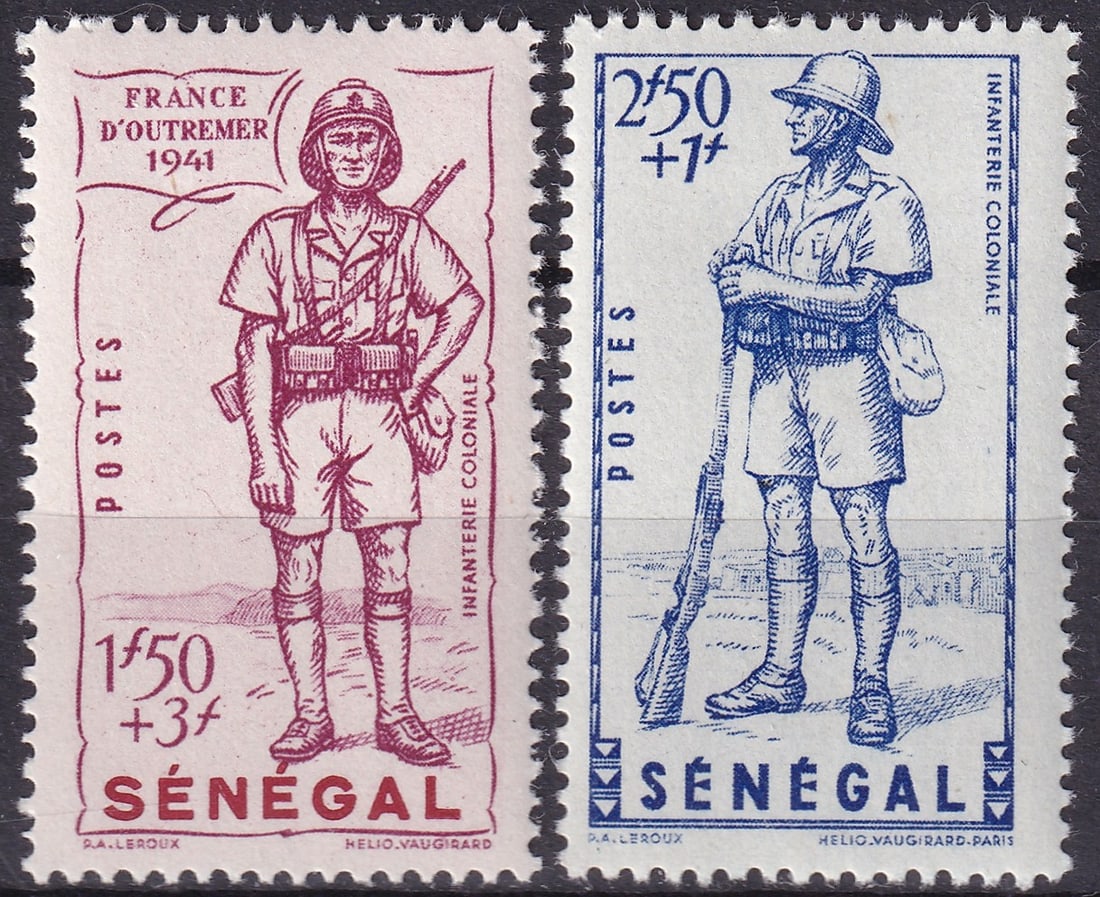 1941 Senegal Defense of the Empire Michel SN 193 SN 194 Semi Postal Pair: This lot comprises the complete semi-postal pair issued by Senegal in 1941 as part of the “Defense of the Empire” series, catalogued as Michel SN 193 and Michel SN 194, offered here together i