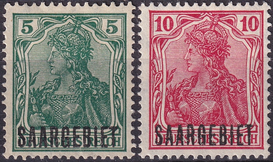 1920 Saar Territory Overprints on Germania Issue (Scott 41–43): Issued on April 10–12, 1920, this pair of overprinted Germania-type stamps marks the establishment of the Saar Territory under French administration following the Treaty of Versailles. The stamps, o