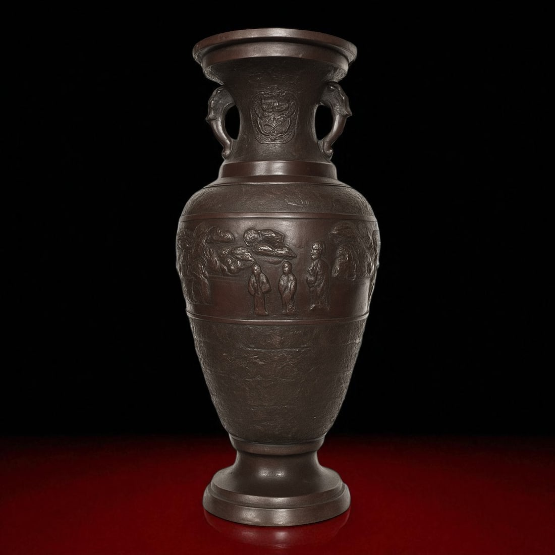 Monumental Bronze Vase with Elephant Handles and Dragon Motif, China, ca. 1900: This imposing bronze vase, standing 34 cm tall and weighing 1964 grams, represents a masterful example of late Qing to early Republic period craftsmanship, circa 1900. Cast in deep reddish-brown bronz