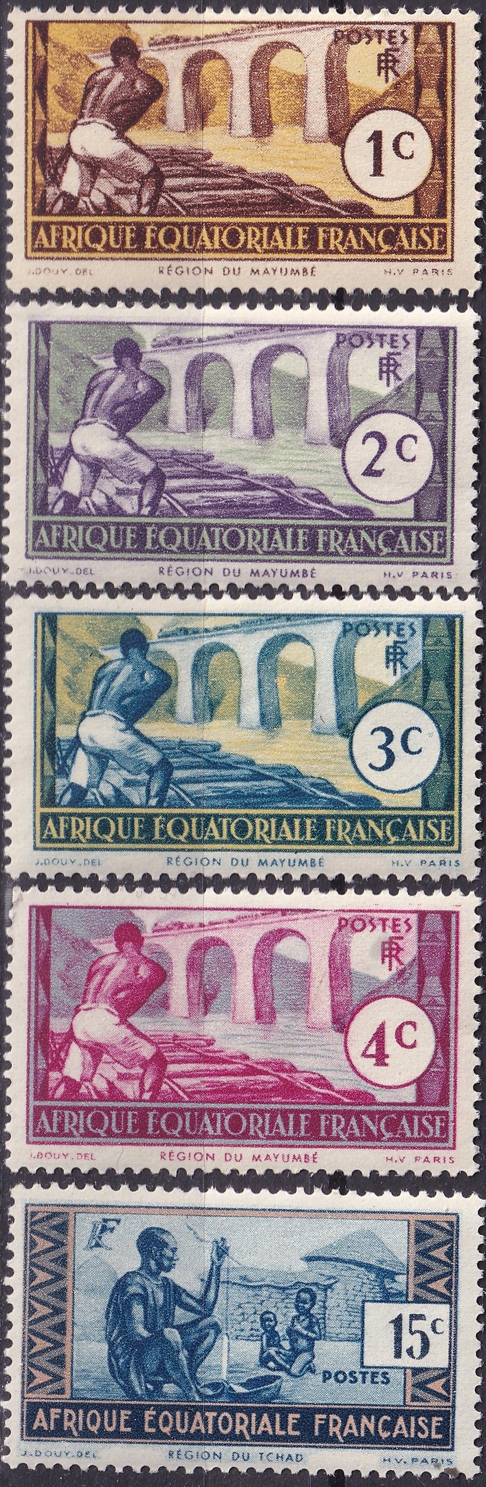 1937 French Equatorial Africa Definitives Scott FR-EQ 33 to 39: This matched pair of definitive stamps from French Equatorial Africa was issued on 3 May 1937 as part of the late interwar definitive program reflecting economic development infrastructure and social