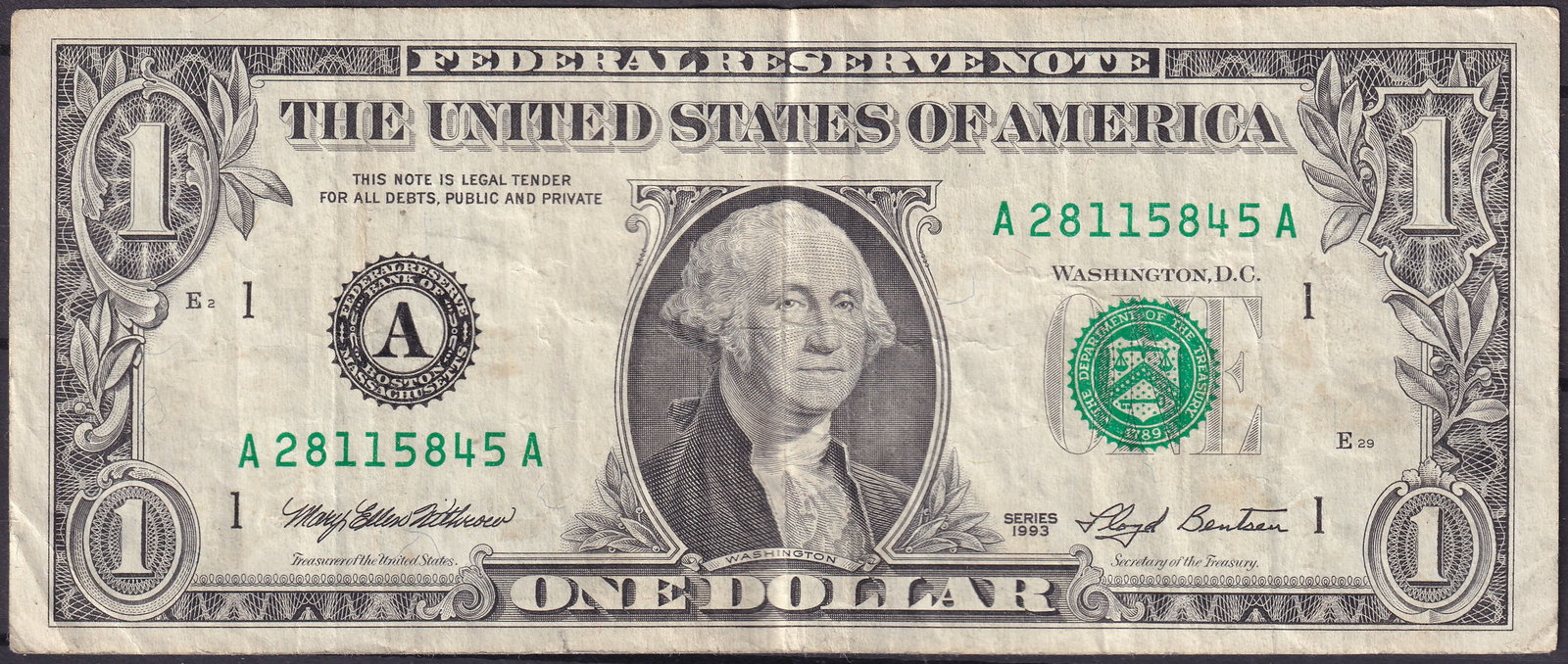 USA $1 Federal Reserve Note 1993 – Serial A28115845A (1 of 2)