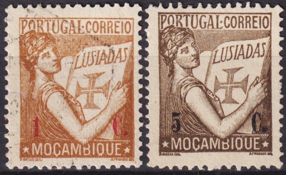 Mozambique 1933 Lusiadas Issue Scott #251-252, 1c & 5c: Issued in Mozambique on July 13, 1933, this pair of definitive stamps belongs to the culturally significant “Lusiadas” series, commemorating Portugal’s national epic poem Os Lusíadas by Lu�