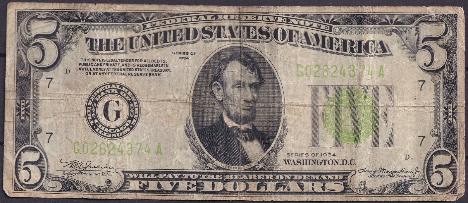 1934 United States $5 Federal Reserve Note – Lincoln Portrait, Chicago Issue (1 of 2)