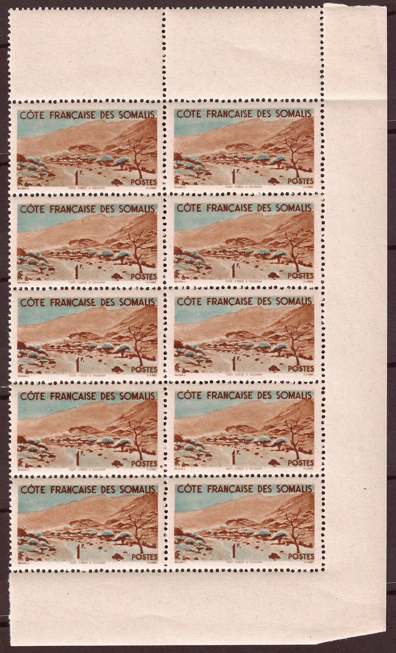 1947 French Somaliland Scott 254 1Fr Definitive Block of 10 MNH (1 of 2)