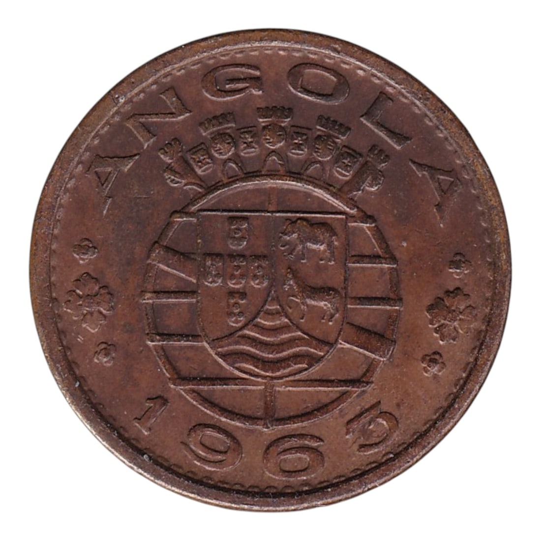 1963 Angola 1 Escudo Bronze Pattern Coin KM#Pr65 Lisbon Mint: This rare bronze pattern coin was struck in 1963 for Angola while still under Portuguese administration. Produced at the Casa da Moeda in Lisbon, it was part of a proposed new coinage series that was