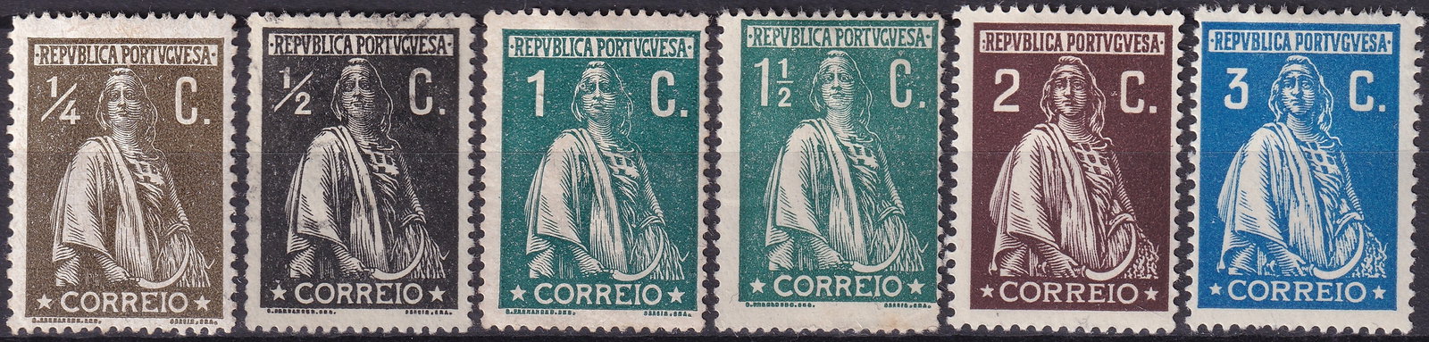 Portugal 1915 1926 Ceres Definitives Scott 258 229 255 256a 261: This offering presents a representative group from the Portuguese Ceres definitive issues spanning the period 1915 to 1926, featuring the allegorical figure of Ceres symbolizing agriculture fertility