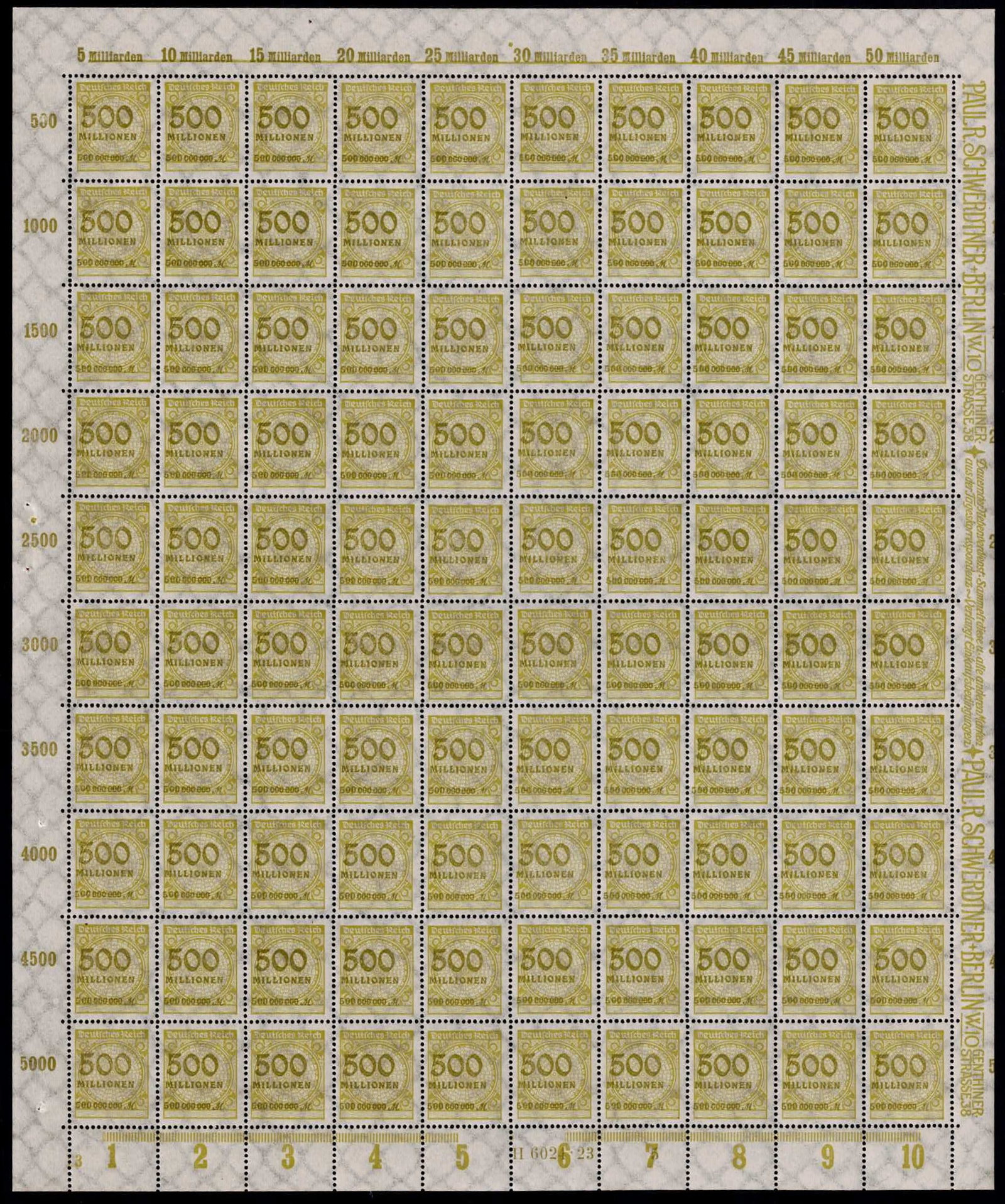 Post War 1923 Germany Hyperinflation Inflation Issue 5,000,000,000 Mark Michel DR 324APUu Full Sheet: This complete mint sheet originates from the German Reich Inflation Series issued during the final phase of the 1923 hyperinflation crisis, a period marked by unprecedented monetary collapse and extre