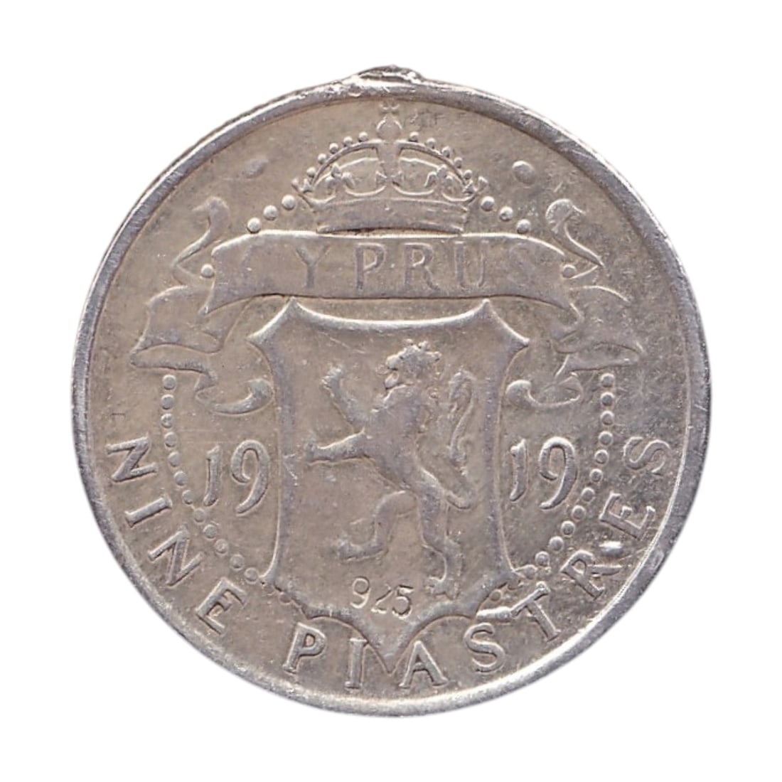 1913 Cyprus 9 Piastres KM13 Silver Countermarked 925 George V: This historically intriguing silver coin from British Cyprus represents the 9 Piastres issue struck during the reign of King George V, minted at the Royal Mint in London and dated within the early per