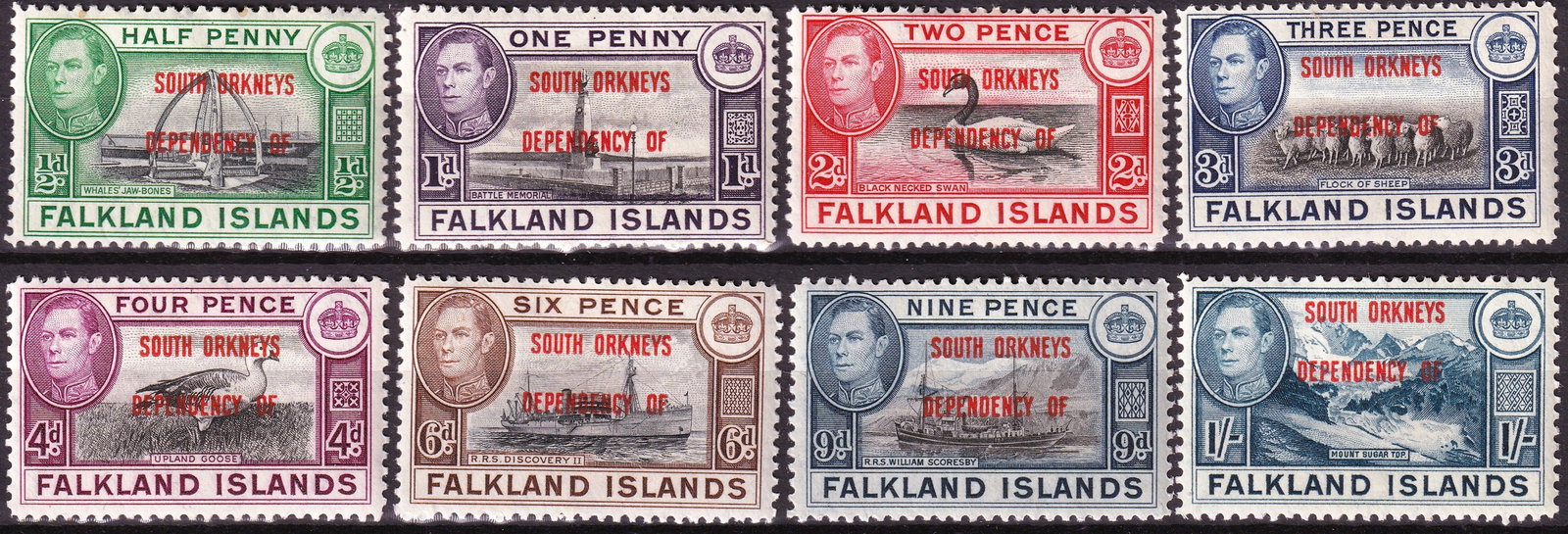 1944 Falkland Islands Dependencies South Orkneys Scott 1L9-1L16: A complete and historically significant set of the 1944 Falkland Islands Dependencies South Orkneys overprints, Scott 1L9 through 1L16, issued as part of the British wartime Antarctic program under Op