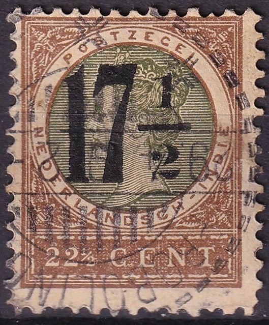 1918 Netherlands Indies 17½c Overprint Scott 139 Veth Used: Issued in 1918, this visually striking stamp from the Netherlands Indies belongs to the Queen Wilhelmina “Veth” portrait series, designed by Jan Veth and widely recognized for its refined arti