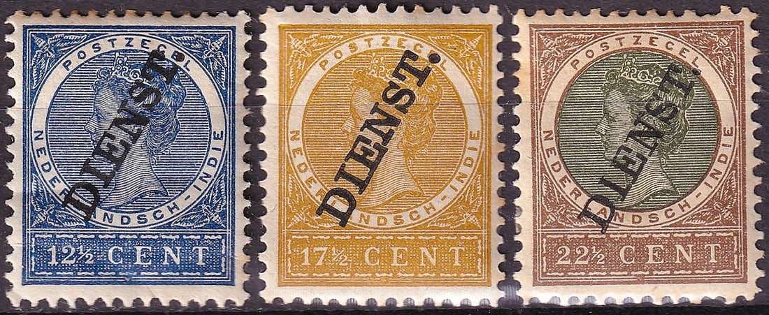 1911 Netherlands Indies Dienst Set 12½ 17½ 22½c Scott O11-O15 MH: Issued on October 1, 1911, this attractive trio represents official “Dienst” stamps from the Netherlands Indies, overprinted for government use during the Dutch colonial administration in Sout