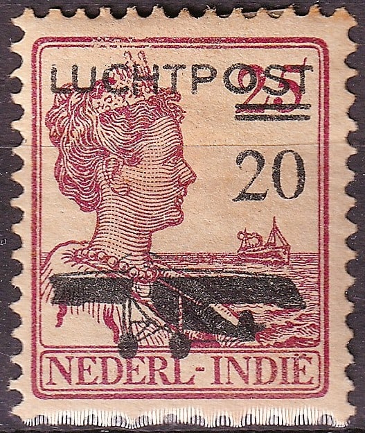 1928 Netherlands Indies Scott C2 Queen Wilhelmina Airmail Overprint: A scarce airmail issue from the Netherlands Indies featuring Queen Wilhelmina in the Seegers typographic design, issued in 1928 and overprinted for airmail usage. This example corresponds to Scott C2,