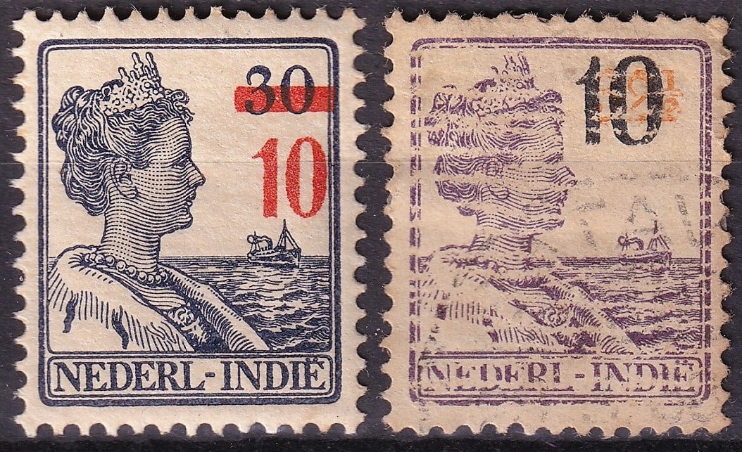 1937 Netherlands Indies Scott 194 195 Queen Wilhelmina Overprint Pair: A matched pair of Netherlands Indies definitive stamps from the Queen Wilhelmina Seegers series, issued in 1937 and featuring surcharge overprints reflecting postal rate adjustments in the late coloni