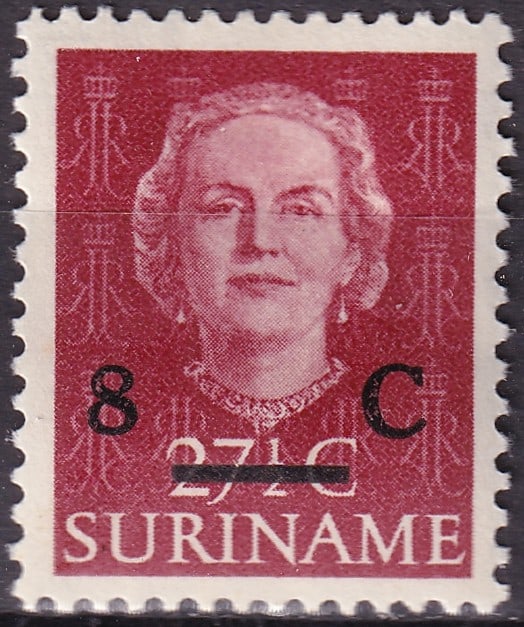 1958 Suriname 8c Overprint Queen Juliana Scott 271 MH: A visually appealing provisional overprint issue from Suriname, dating to November 1958, featuring the portrait of Queen Juliana in a refined photogravure design typical of mid-20th century Dutch colo