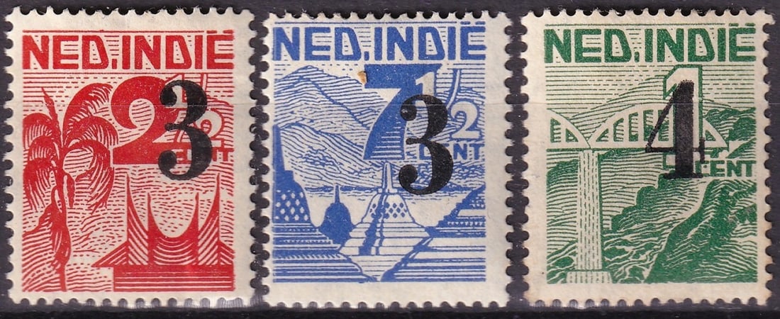 1947 Netherlands Indies Overprint Set Scott 268-270 MH VF: A complete and visually appealing set of overprinted landscape definitives from the Netherlands Indies, issued on September 25, 1947, during the final phase of Dutch colonial administration in Southea