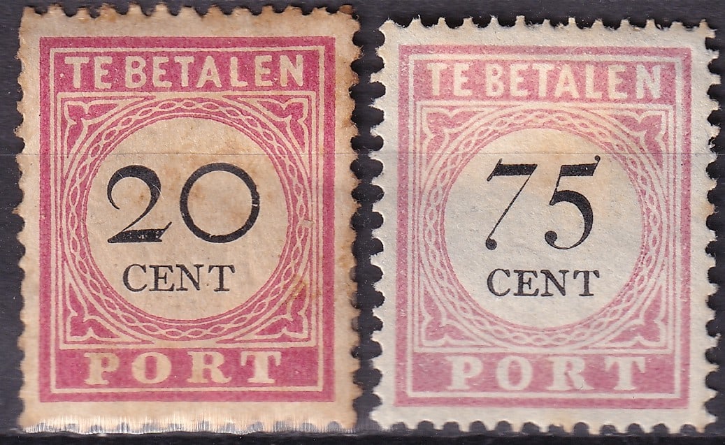 1892 1909 Suriname Indies Postage Due Pair Scott J12b J24 MH: A historically engaging pair of postage due stamps representing two Dutch colonial territories, Suriname and the Netherlands Indies, spanning the late 19th and early 20th centuries. This lot includes